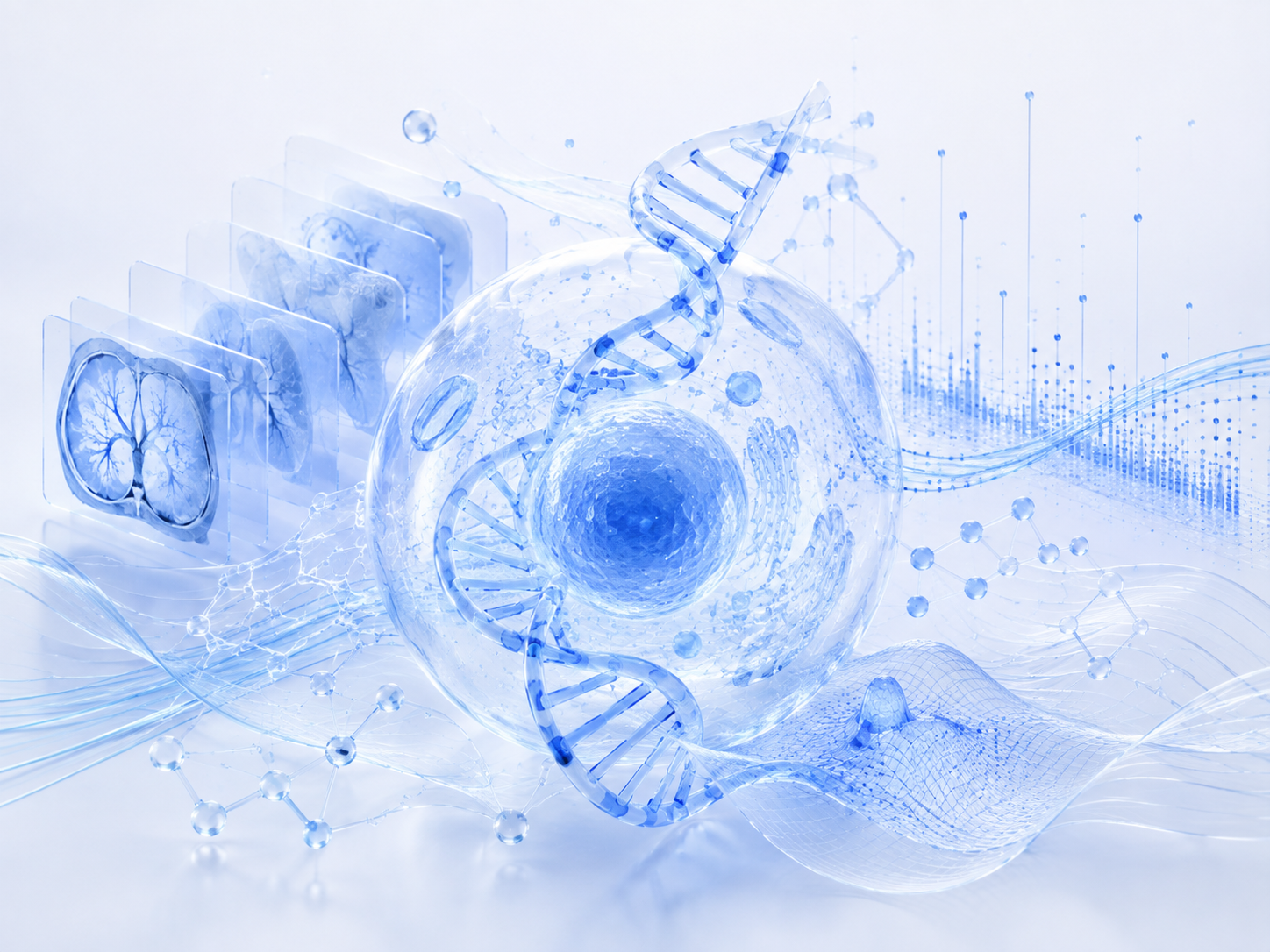 ترکیب علمی شفاف از سلول، DNA، تصویربرداری زیستی و دادههای محاسباتی