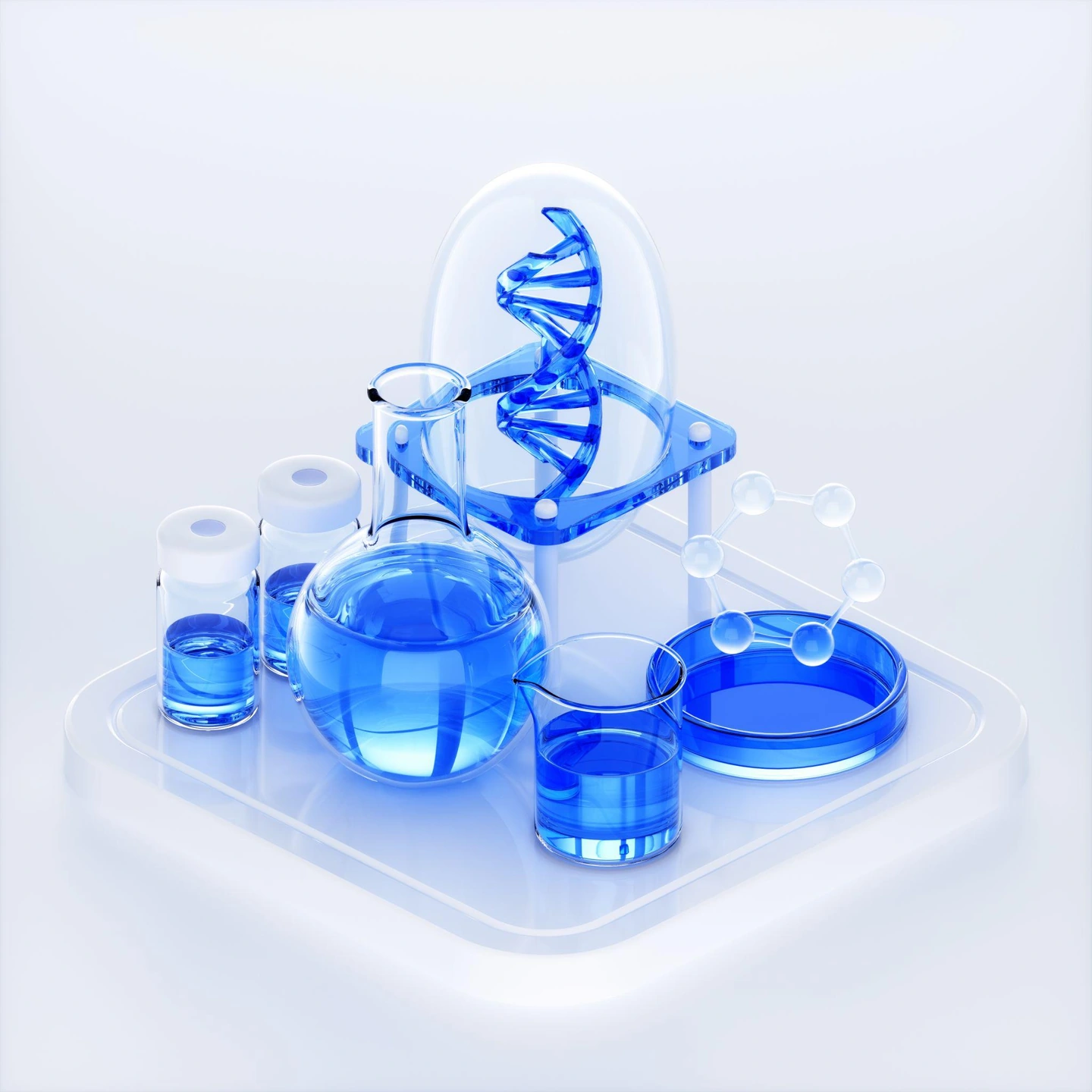 نمای شیشه‌ای آبی از مارپیچ DNA و ابزارهای آزمایشگاهی